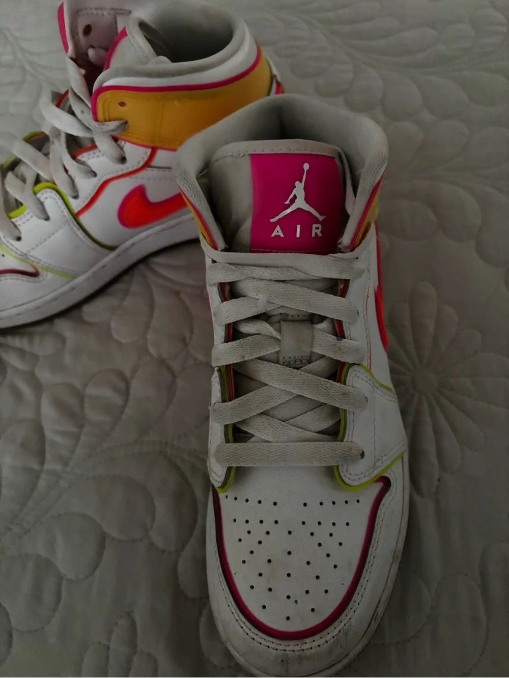Jordan Kids' Mid-Top Sneakers in White with Pink, Yellow & Orange Accents